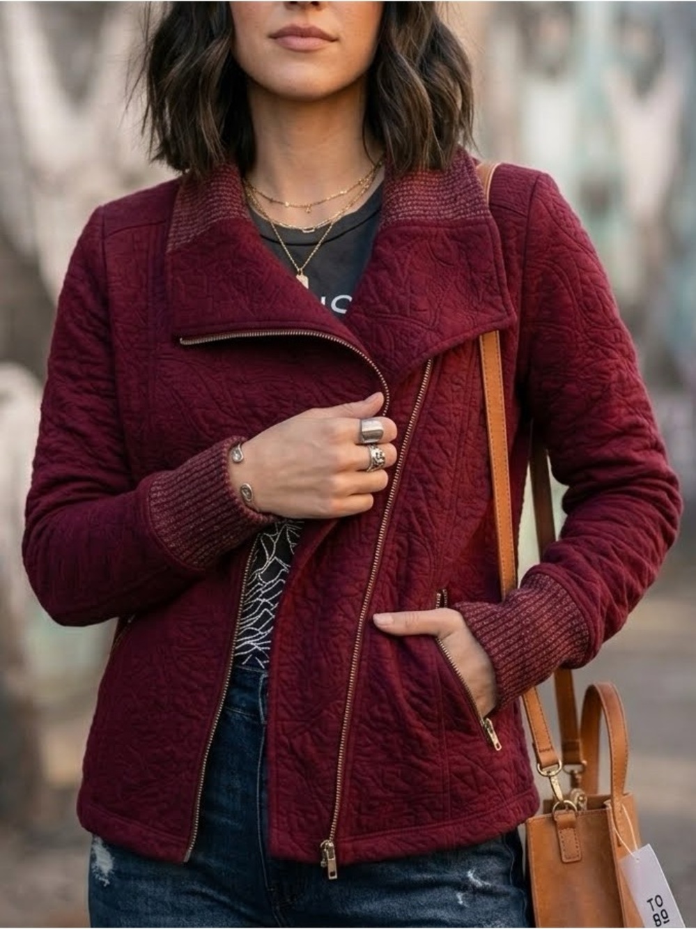 Anthropology Saturday Sunday Jacquard Knit Moto Jacket Maroon Red Size Small
